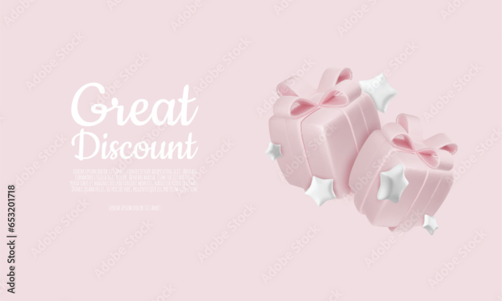 Realistic holiday design with soft pink gift boxes with stars. 3d render object. Holiday banner, web poster, greeting card. vector illustration