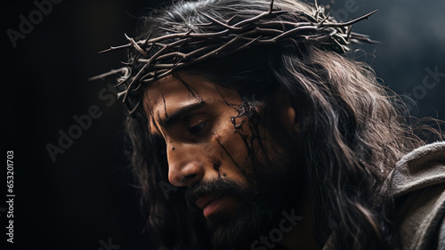 Portrait of Jesus with a crown of thorns. Easter, crucifixion or Resurrection concept. He is Risen. Christian illustration.