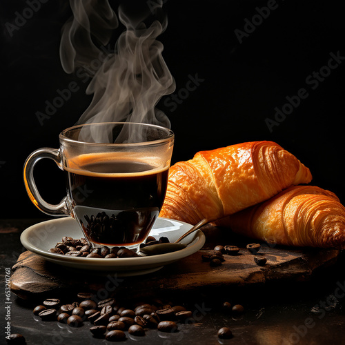 crossiant with hot coffee over dark background. Made with generative ai photo