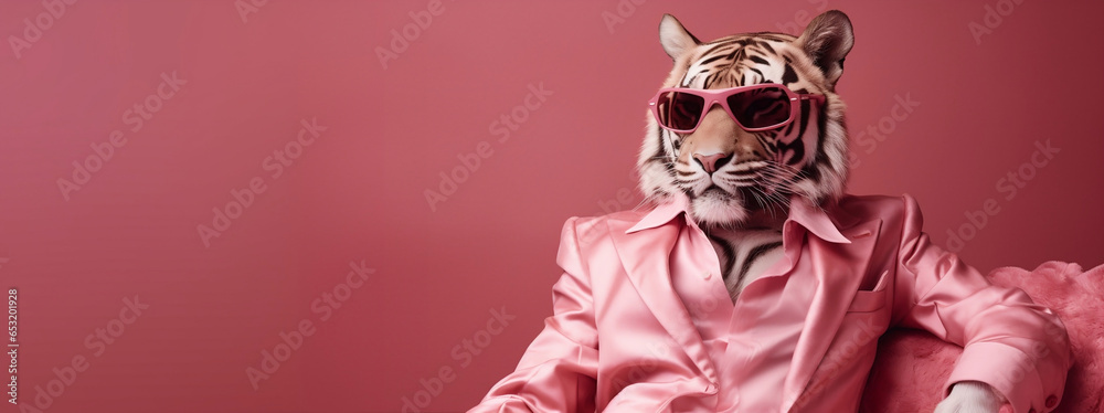 Tiger Wearing luxury pink colored clothes at the pink background,copy space,banner Tiger Wearing luxury pink colored clothes at the pink background,copy space,banner