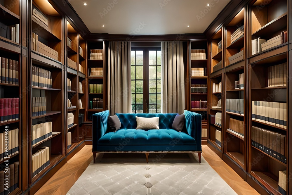 A cozy reading nook in a hotel library, with colorful bookshelves and soft, plush seating.