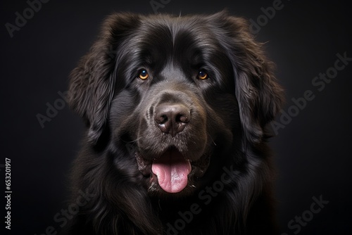 Headshot portrait photography of a smiling newfoundland dog wearing a sailor suit against a dark grey background. With generative AI technology © Markus Schröder