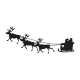 Black silhouette of a Santa Claus riding in a sleigh and reindeer pulling it.