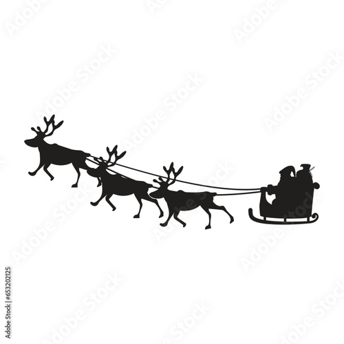 Black silhouette of a Santa Claus riding in a sleigh and reindeer pulling it.