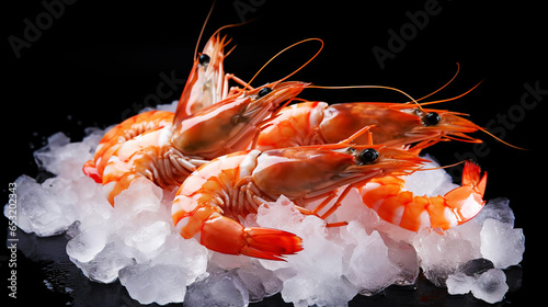 Top view of raw whole king prawns on ice. Seafood background. Generative AI photo