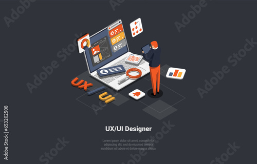 UX UI Design. Digital Arts, Typeface, Icons Concept. Man Developer In Front Of Laptop. Software Development, 3d And Web Design, Programming, Marketing in IT Agency. Isometric 3d Vector Illustration
