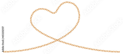 Realistic golden chain texture. Gold chains link heart isolated on white background. Love symbol jewelry chainlet three dimensional design element. photo