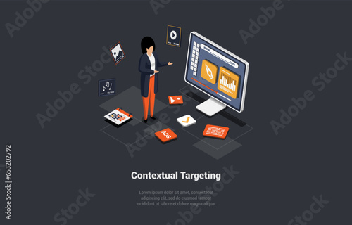 Contextual Targeting, Ppc Online Advertising Concept. Marketing Context Campaign, Online Service or Platform. Woman Near Laptop With Ads, Icons, Analytics, Strategy. Isometric 3d Vector Illustration