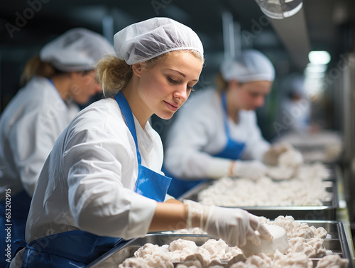 Young pretty woman worker wear uniform apron, gloves and cap sorting products on grading line in factory workshop with group of female workmates. Workflow of bakers, bakery production, confectionery