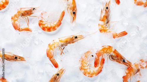 Top view of raw whole shrimps on ice. Seafood background. Generative AI photo