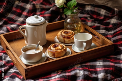 a tray with a glass coffee cup, a french press pot, and a cinnamon roll on a rustic bedspread