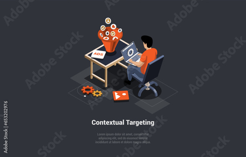 Contextual Targeting, Ppc Online Advertising Concept. Marketing Context Campaign, Online Service or Platform. Man Developing Sales Funnel On Laptop In The Office. Isometric 3d Vector Illustration