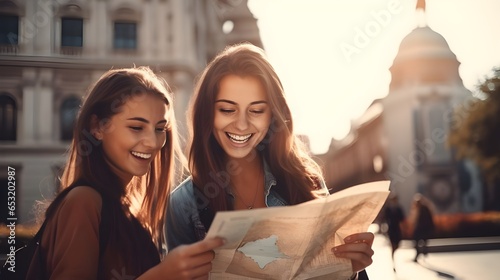 Beautiful smiling tourist girls looking to the  map of city. photo