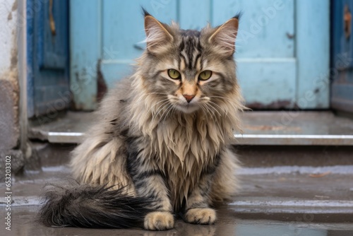 a stray cat with matted fur sitting on a grungy doormat with footprints
