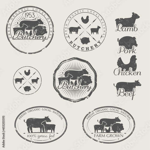 A set of labels for butchery. Icons of beef, pork, lamb and chicken