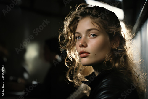 profil d'une jeune femme brune photographiée dans un environnement urbain, fond sombre