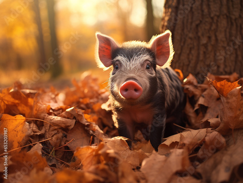 A Photo of a Pig in an Autumn Setting