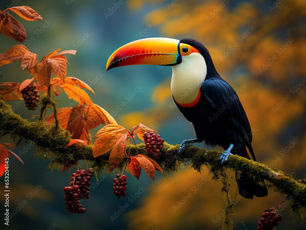 Obraz premium A Photo of a Toucan in an Autumn Setting