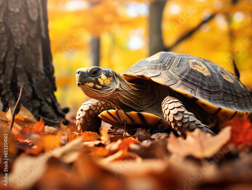 A Photo of a Turtle in an Autumn Setting
