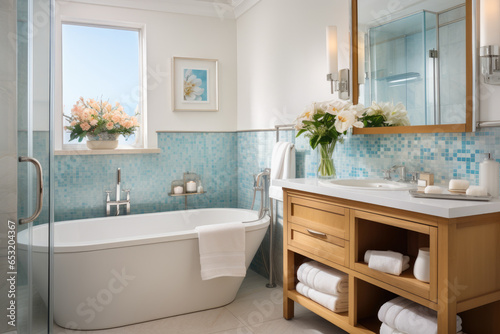 Immerse in the tranquil coastal ambiance of a beachy-inspired bathroom adorned with nautical decor  blue mosaic tiles  seashells  and a maritime theme.