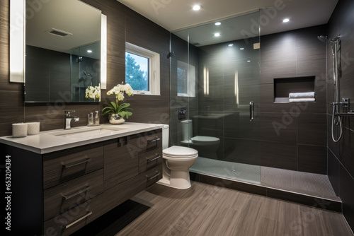 Experience the Serene Sophistication of a Bright and Spacious Contemporary Bathroom with a Floating Vanity  Glass Shower Enclosure  and Refreshing Open-Concept Design.