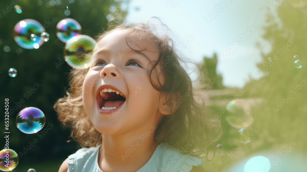 Bubbling with Joy: Caucasian Child Daughter Delighted and Laughing, Experiencing the Wonder of Soap Bubbles, Embracing the Bliss of Childhood Summer Fun and Family Holidays.
