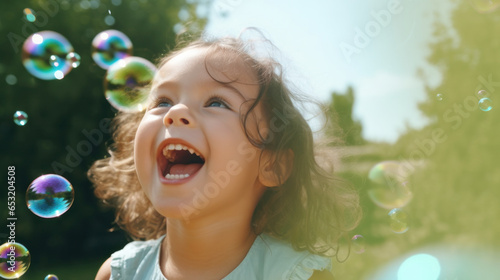Bubbling with Joy: Caucasian Child Daughter Delighted and Laughing, Experiencing the Wonder of Soap Bubbles, Embracing the Bliss of Childhood Summer Fun and Family Holidays.
