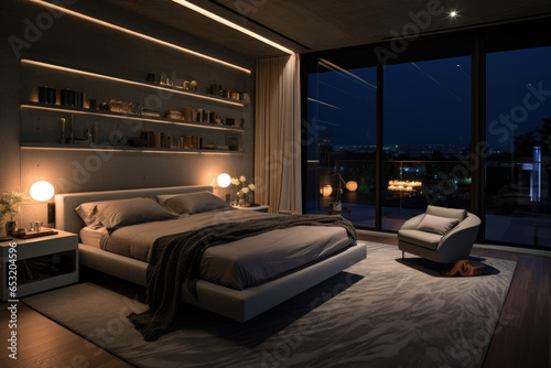 Creating a Stylish Urban Retreat: Contemporary Bedroom Interior with Sleek Furniture, Ambient Lighting, and Modern Design Elements, Offering a Cozy and Chic Haven for Urban Living. © aicandy
