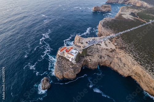 Saint Vincent Cape and Lighthouse, Portugal. Aerial drone view at sunset