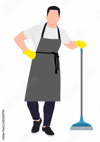 Man street cleaner holding broom in full length on white isolated white background. Garbage dumping . Winter dustmen. Waste cleaner and waste management concept. 