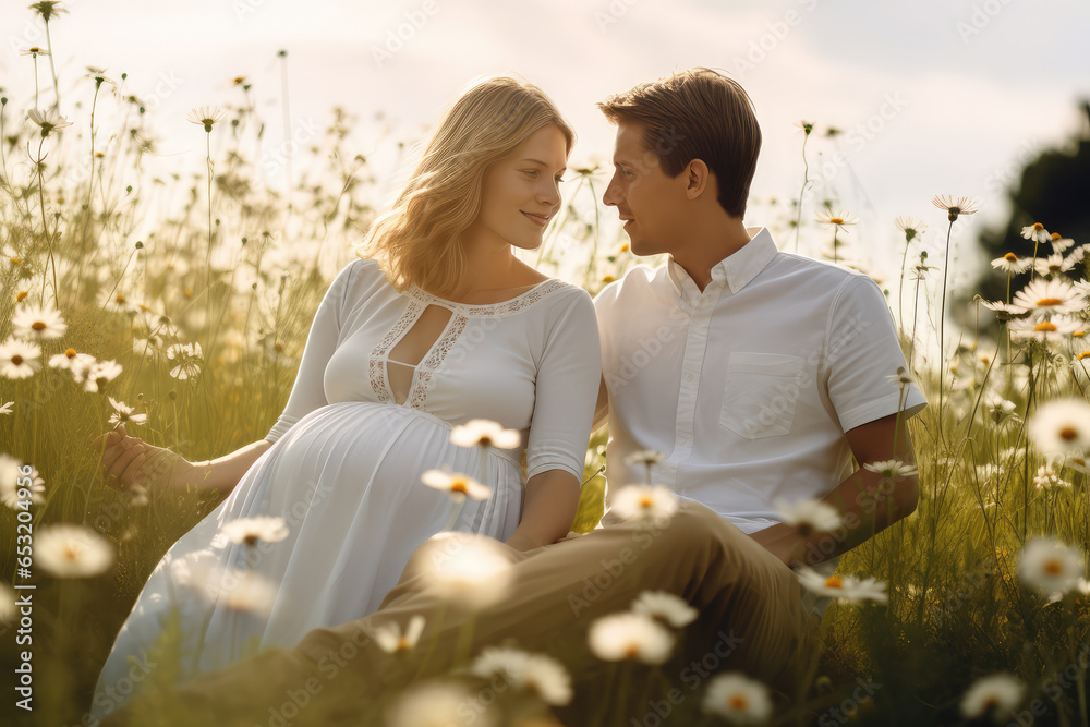 beautiful pregnant woman and her husband enjoying the summer sun on a flowers meadow - obrazy, fototapety, plakaty 