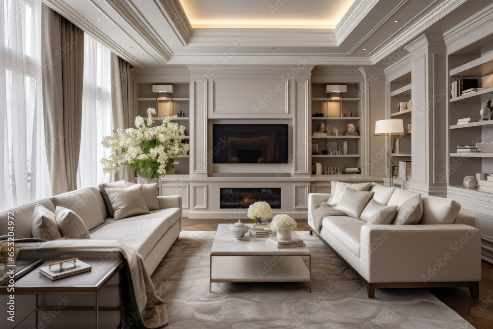 Fototapeta premium A Spacious and Elegant Living Room Interior with Cozy Seating, Neutral Tones, and Natural Lighting, Perfect for Entertaining Guests and Relaxation, featuring Modern Decor, a Fireplace