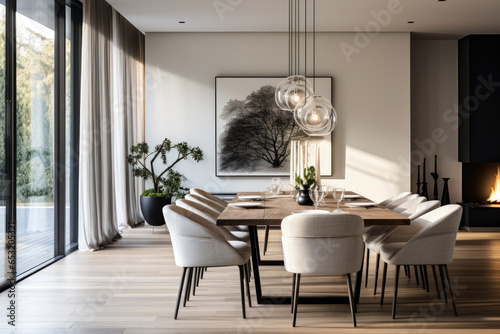 Creating an inviting and timeless ambiance, this elegantly minimalistic dining room interior in contemporary style showcases clean lines, neutral colors, and refined furniture for a sleek photo