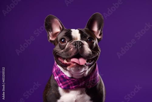 Medium shot portrait photography of a happy french bulldog wearing a bandana against a deep purple background. With generative AI technology © Markus Schröder