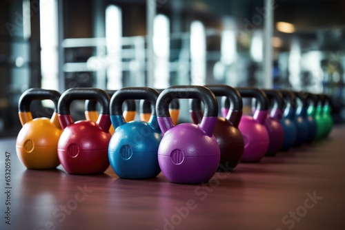 a set of kettlebells arranged by weight