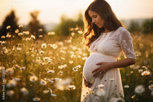 beautiful pregnant woman enjoying the summer sun on a flowers meadow