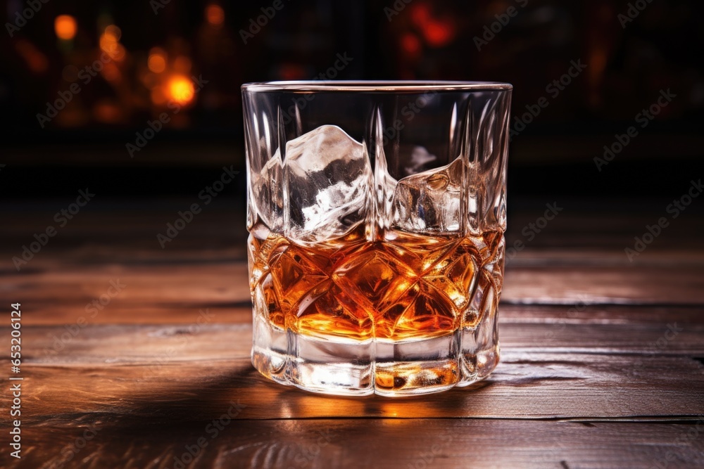 an empty whiskey glass with ice melting within it on a table