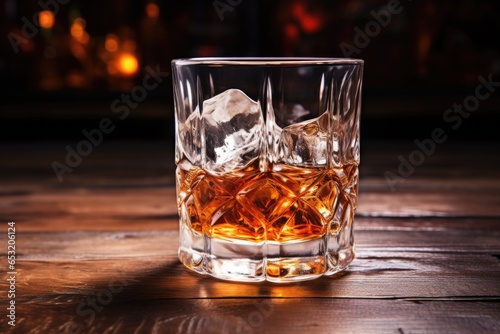 an empty whiskey glass with ice melting within it on a table