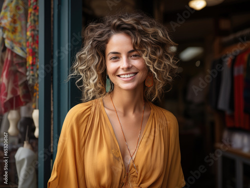 Successful businesswoman, female small business owner of fashion clothing store, smile, looking at camera. Young saleswoman of fashionable apparel shop pose at workplace. Portrait of clothes customer