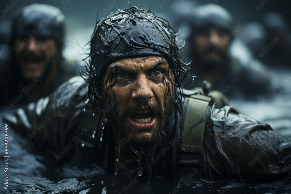 Group of Navy SEALs during intense physical training exercises, Generative AI Group of Navy SEALs during intense physical training exercises, Generative AI