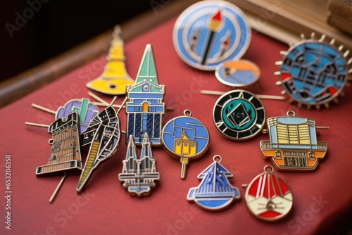 closeup of enamel pins with academic motifs