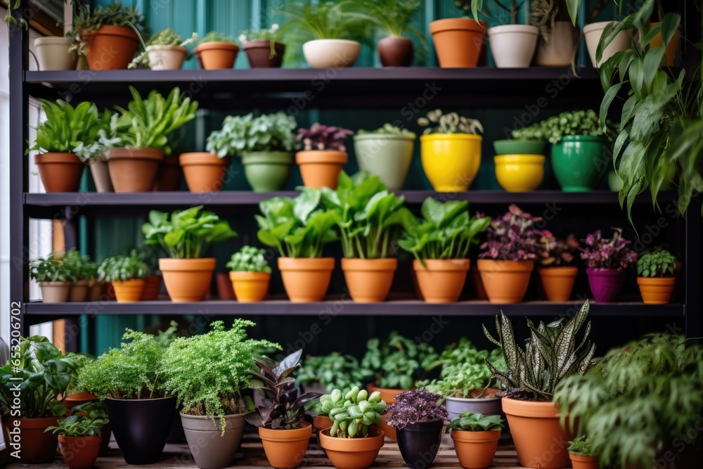 a shelf full of green plants in colorful pots a shelf full of green plants in colorful pots