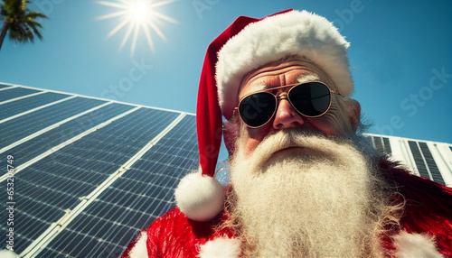 Weihnachtsmann Werbung für Solarpanel Solarzellen und Photovoltaikanlagen Dach mit Sonne Karte Vorlage Motiv Grußkarte zu Weihnachten lustig regenerative Energie Generative AI  photo