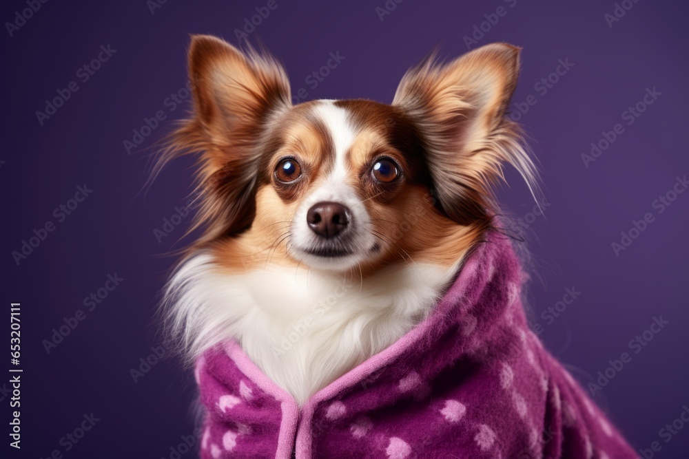Lifestyle portrait photography of a funny papillon dog wearing a cashmere sweater against a deep purple background. With generative AI technology Lifestyle portrait photography of a funny papillon dog wearing a cashmere sweater against a deep purple background. With generative AI technology