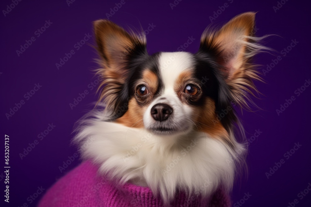 Lifestyle portrait photography of a funny papillon dog wearing a cashmere sweater against a deep purple background. With generative AI technology