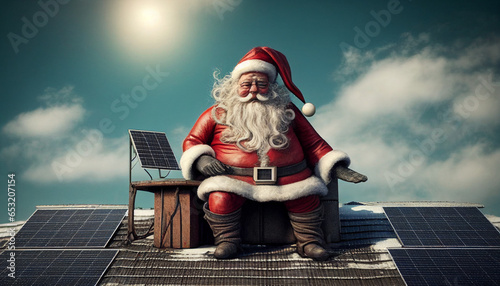 Weihnachtsmann sitzt auf Dach mit Photovoltaikanlage Solarzellen Solarpanel als Geschenk Förderung bafa Weihnachtskarte Vorlage Motiv für Grußkarte Comic Generative AI  photo
