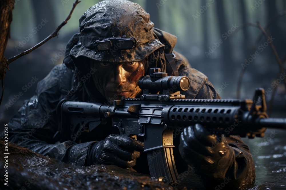 Navy SEAL sniper in a concealed position, focused on a target, Generative AI