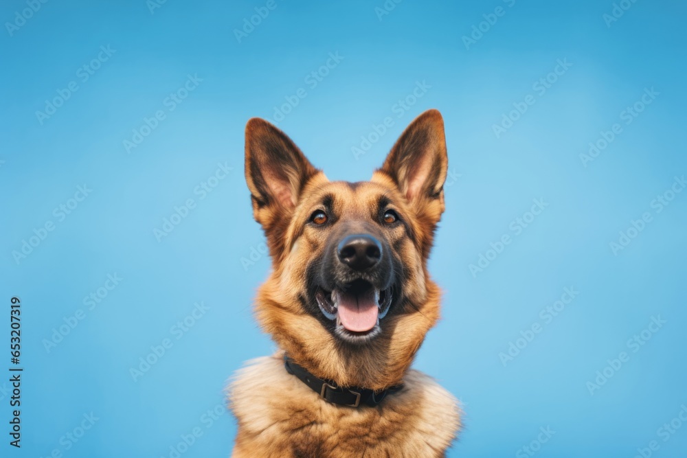Medium shot portrait photography of a smiling german shepherd wearing a sherpa coat against a sky-blue background. With generative AI technology