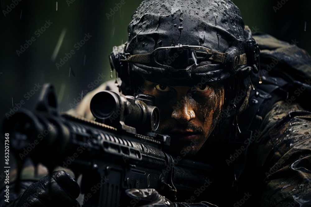 Navy SEAL sniper in a concealed position, focused on a target, Generative AI Navy SEAL sniper in a concealed position, focused on a target, Generative AI