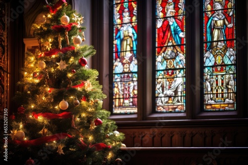 a decorated christmas tree against church stained glass windows